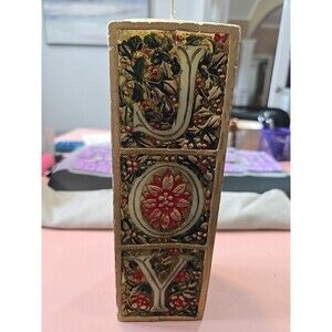 Vintage Beacon Hill JOY Christmas Candle Embossed 9"x3” Holiday Gold Green Red